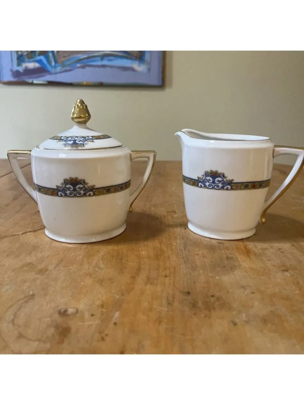 Pirkenhammer Czechoslovakia Cream & Sugar w/ Lid marienbad Gilded Blue Floral